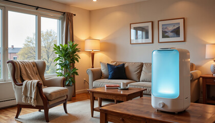 Cozy living room with modern air purifier glowing softly  