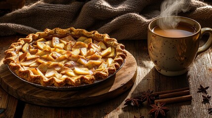 Warm autumn apple pie with tea cozy homemade bakery scene