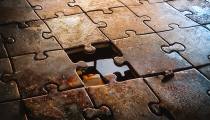 puzzle piece hole in grimy floor showing absence and imperfection in industrial space
