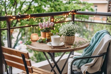 Romantic small balcony with fairy lights, a small bistro set, and a flowering plant arrangement 