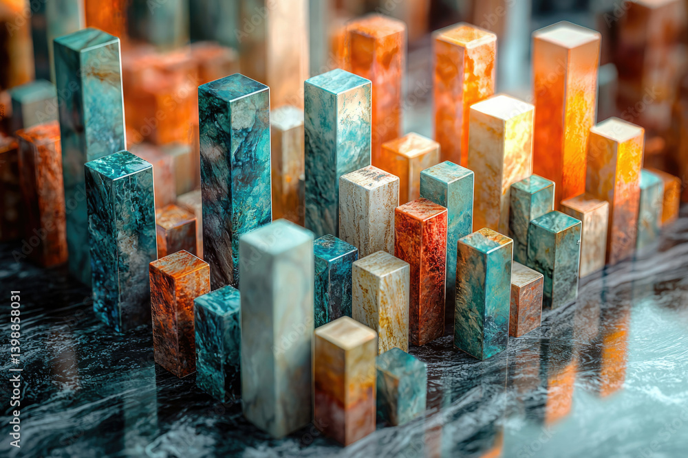 Poster Abstract 3D rendering of multicolored marble blocks forming a cityscape, representing data visualization or urban development.