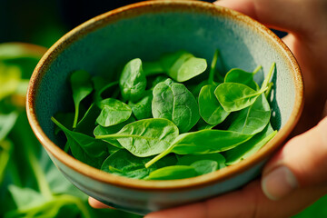 Fresh baby spinach leaves in ceramic bowl held by hand outdoors