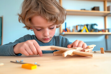 Blond boy assembling wooden toy airplane on table in creative workshop