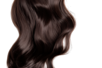 a close-up view of flowing glossy dark brown hair showcasing its texture and waves against a clean white background. hair's beauty and can be used for beauty or haircare-related purposes
