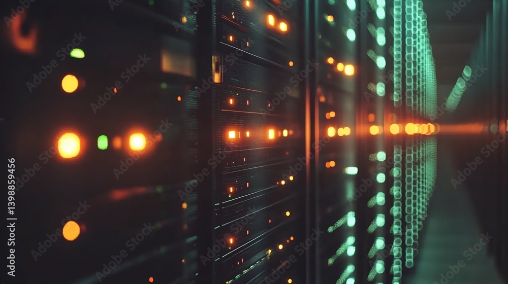 Poster data center server racks with indicator lights