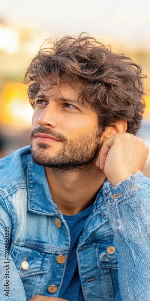 Poster a man with a beard and a blue jacket is sitting on a bench. he is looking at the camera with a smile