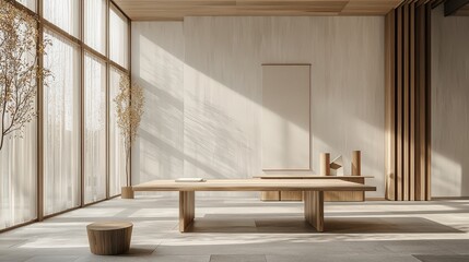 Calming minimalist interior light-filled room with wooden table and stools