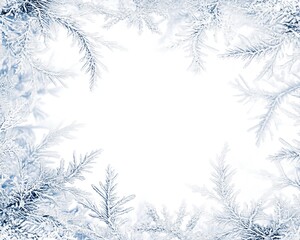 Image of Frost-Covered Evergreen Branches Bordering a White Background