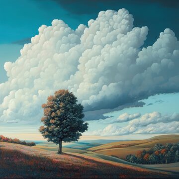 Lonely tree standing on rolling hills under cumulus clouds
