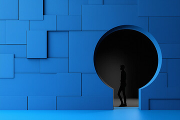 Obraz premium Geometric Doorway: A stylized artistic rendering showcases a person in silhouette standing before a keyhole-shaped opening. The scene, set against a textured blue wall.