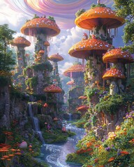 Whimsical fantasy landscape with giant mushrooms, waterfalls, and vibrant flora