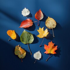 Fototapeta premium Vibrant autumn leaves on deep blue seasonal design element