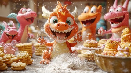 Smiling orange monster in winter wonderland with confectionery