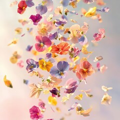 Floating pansies and violas whimsical floral generative ai illustration