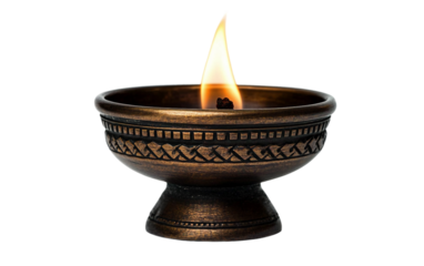 A solemn depiction of a bronze holder with a glowing remembrance flame Isolated on transparent background.