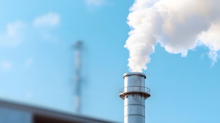 A tall industrial smokestack emits a thick plume of white smoke against a clear blue sky on a bright sunny day.