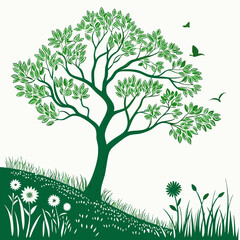 Green Tree Vector Illustration Birds Flowers Hill