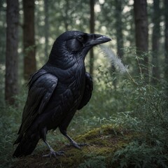 Fototapeta premium In a hidden grove, a raven with silver feathers grants one wish.