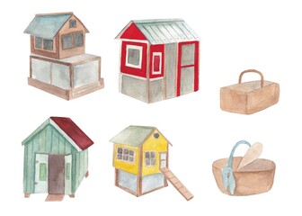 A set of coops in watercolor on a white background. Cute houses for chickens. Farm design elements. © Катерина Гужвий