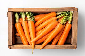 Top view of fresh organic carrots in rustic wooden crate on white background