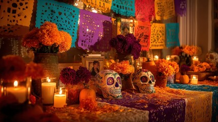 Fototapeta premium Colorful day of the dead altar with marigolds, candles, and skull decorations