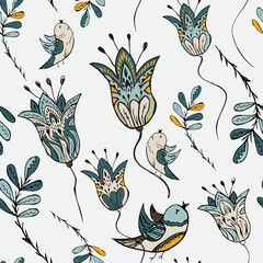 Seamless Hand-Drawn Pattern with Stylized Birds and Ornamental Flowers – Whimsical Folk-Inspired Botanical Design