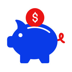 Obraz premium Blue piggy bank receiving a dollar coin against a white background 