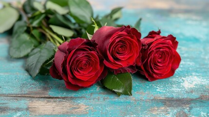 Naklejka premium Three red roses are sitting on a wooden table. The roses are in full bloom and are surrounded by green leaves. Concept of beauty and love, as roses are often associated with romance and affection