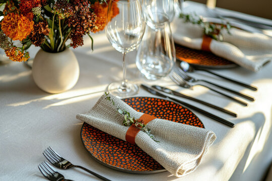 Elegant autumnal table setting with orange accents, featuring linen napkins, black cutlery, and floral centerpiece.
