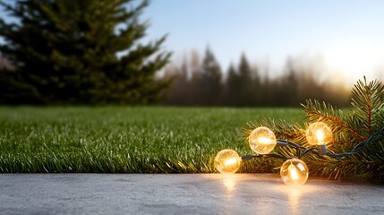 Warm glowing st lights and pine branches rest on a patio next to a lush green lawn with a blurred background of evergreen trees at sunset.