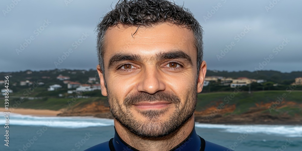 Poster a man with a beard and a smile is standing on a beach. the sky is cloudy and the ocean is in the bac