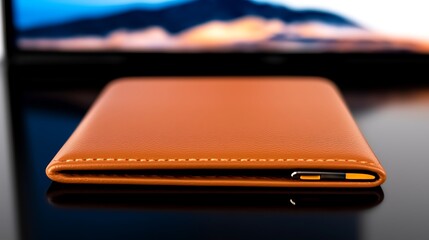 Close-up of a sleek brown leather wallet resting on a glossy surface with a blurred monitor backdrop