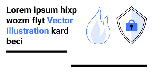 Shield with lock symbolizing cybersecurity alongside flame illustrating risk. Ideal for security, data protection, technology, online safety, firewall concepts, risk management, flat landing page