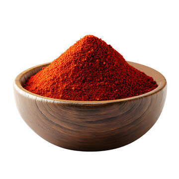 Red chilli powder in wooden bowl isolated on transparent background