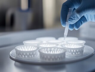 Pipette Dispensing Liquid into Perforated Containers in Laboratory Setting
