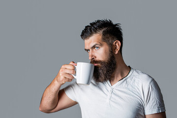Good morning, man holding a cup tea. Handsome bearded male holds cup of coffee, tea. Hipster man...