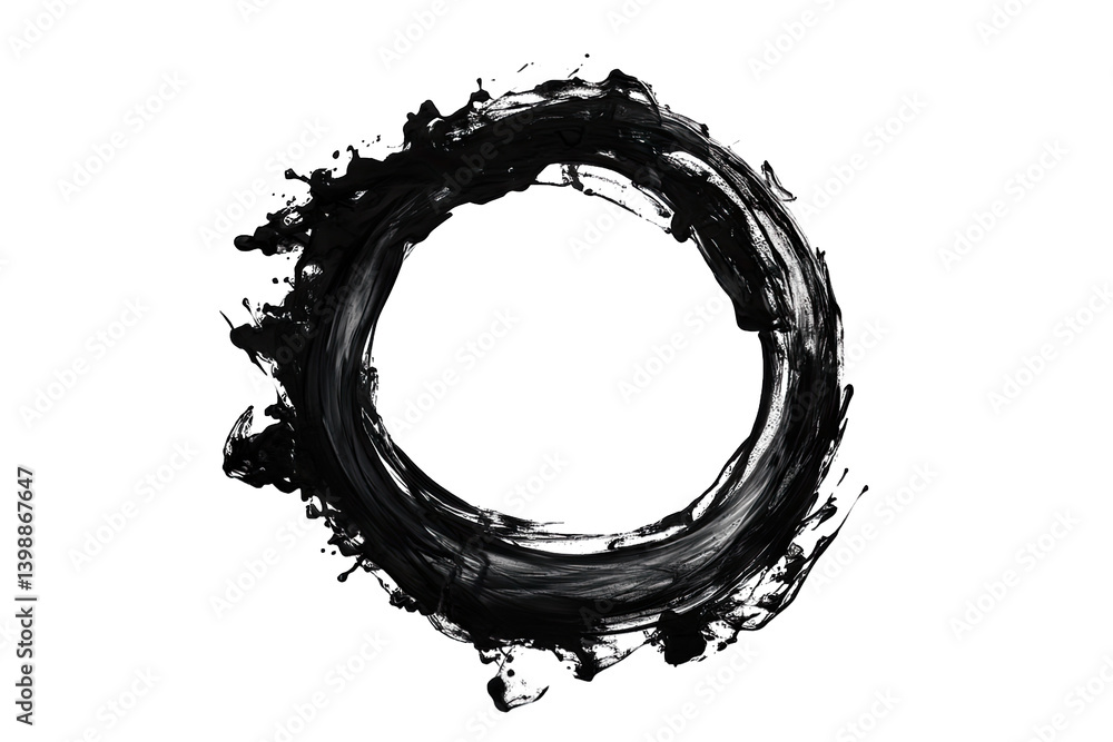 Poster bold black circular brushstroke on a white background symbolizing simplicity and completeness often 