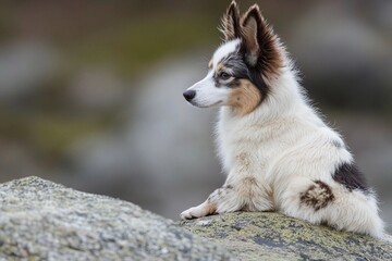 Fototapeta premium A fluffy dog perches on a large rock, observing its surroundings with curiosity. The tranquil outdoor environment features soft greens and natural textures, inviting relaxation