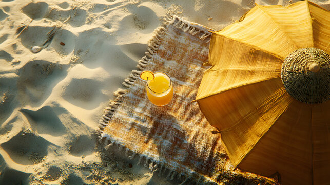 una sombrilla de playa con una toalla y una bebida refrescante para el calor en verano a la orilla del mar en la playa