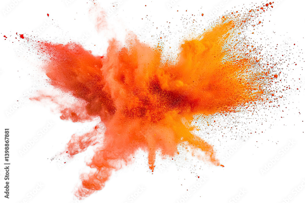 Poster a vibrant explosion of orange and red powder against a white background creating an artistic display