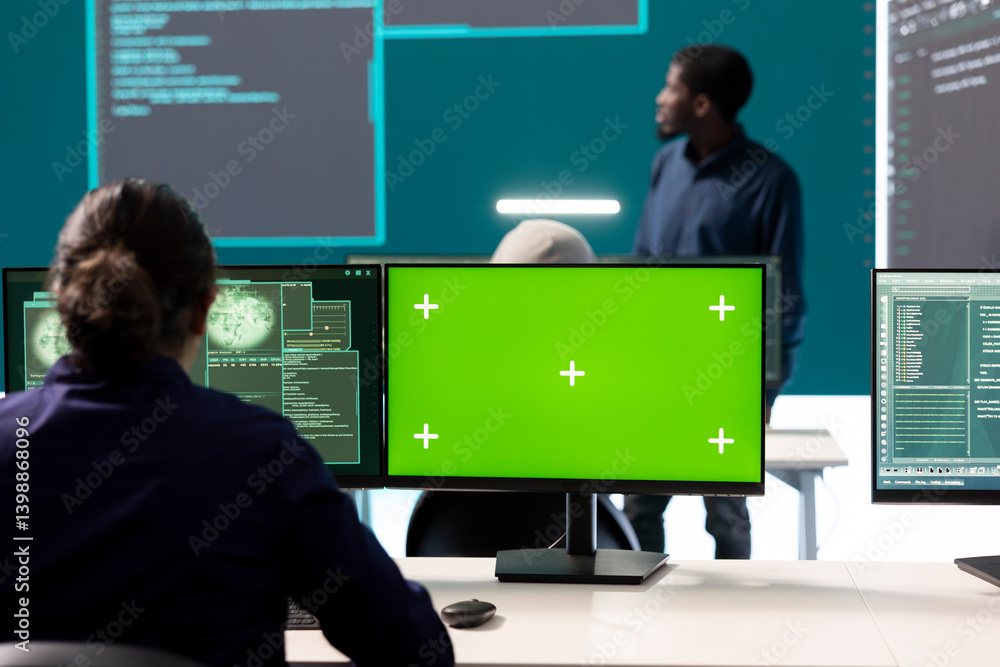 Poster hackers team working with a green screen layout on computer in monitoring room government center, hi