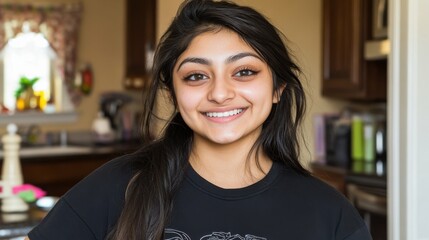 A woman with long hair is smiling and wearing a black shirt with a heart on it. She is standing in a kitchen