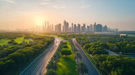 Fototapeta premium Sunrise Cityscape with Intersecting Highways and Parkland
