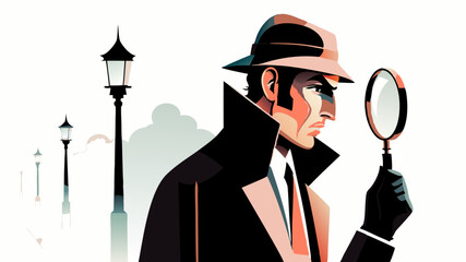 Illustrated detective peering through magnifying glass with focused expression. Vintage-style character design looking at clues. Concept: mystery books, investigation services, escape rooms.