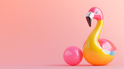 un fondo de concepto de playa colo rosa pastel liso con espacio de copia con un flamingo inflable y una pelota playera para vacaciones de verano 
