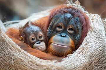 A mother orangutan cradles her baby in a soft nest made of leaves and fibers in a jungle habitat, showcasing their close bond and peaceful interaction under natural light