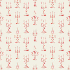 Hand-drawn seamless pattern with elegant vintage candlesticks and burning candles. Designed for wrapping paper, packaging, fabric, and textiles. Vector illustration.