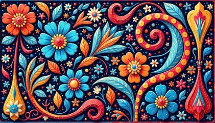 Intricate swirling floral and teardrop paisley pattern in vibrant hues , retro, brown, black