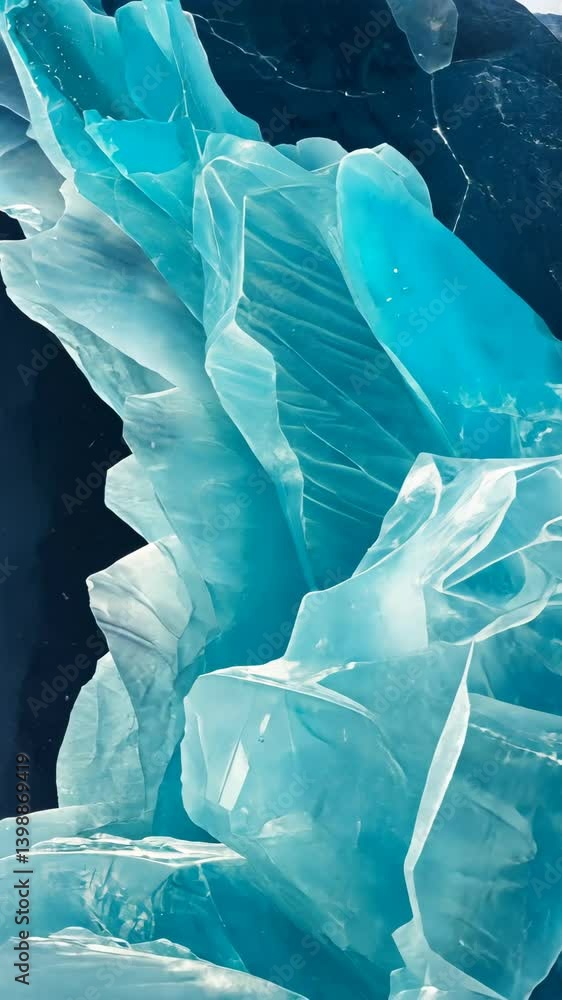 Poster dramatic blue ice formations creating an abstract pattern against a dark backdrop, featuring crystal
