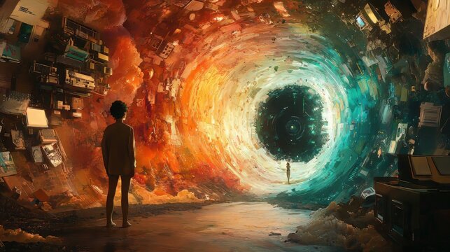 Fototapeta Surreal vortex tunnel with silhouette figure in vibrant abstract light